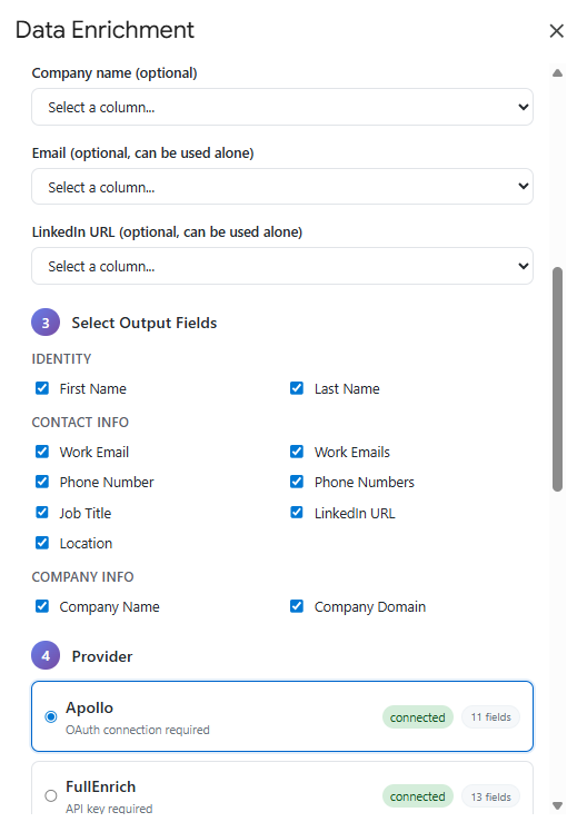 Data Enrichment — Apollo and FullEnrich with field selection