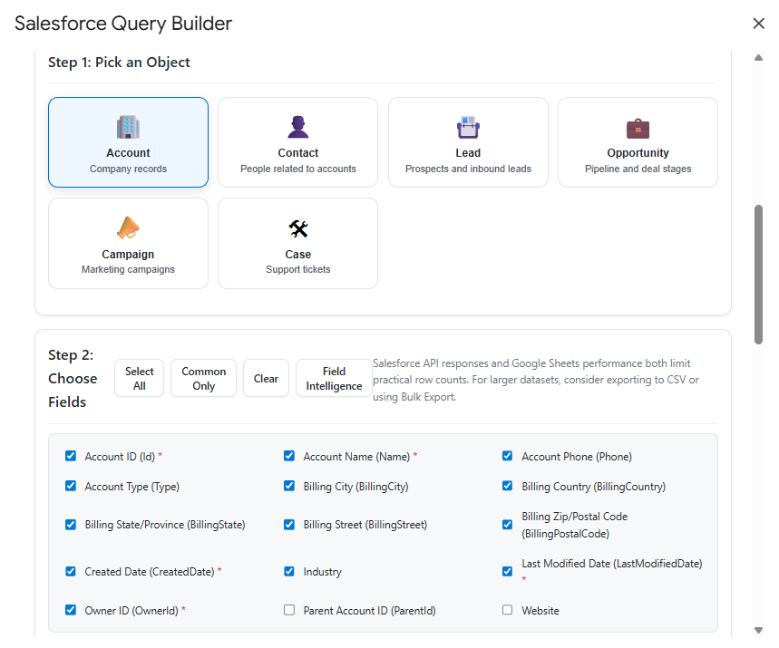 Salesforce Query Builder — pick object, select fields with Field Intelligence, build SOQL visually