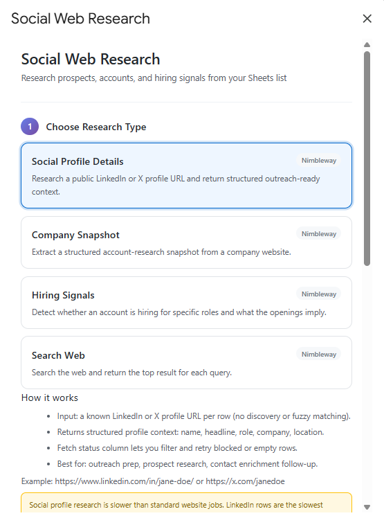 Social Web Research — LinkedIn profiles, company snapshots, hiring signals